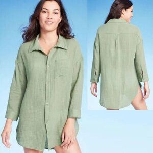 Kona Sol Green Linen Cover Up Top